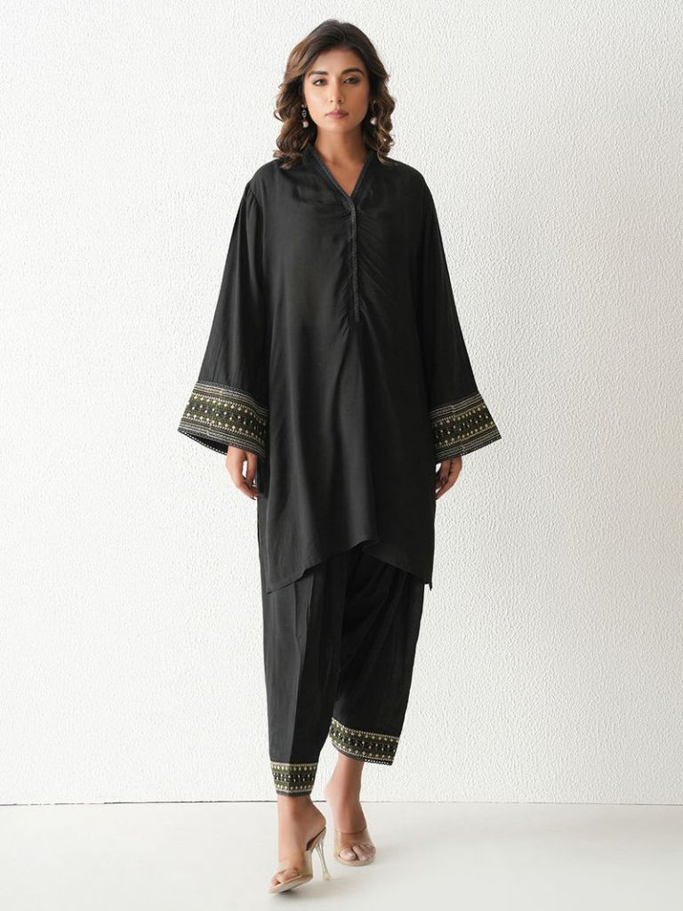 Black Embroidered Modal Kurta with Salwar