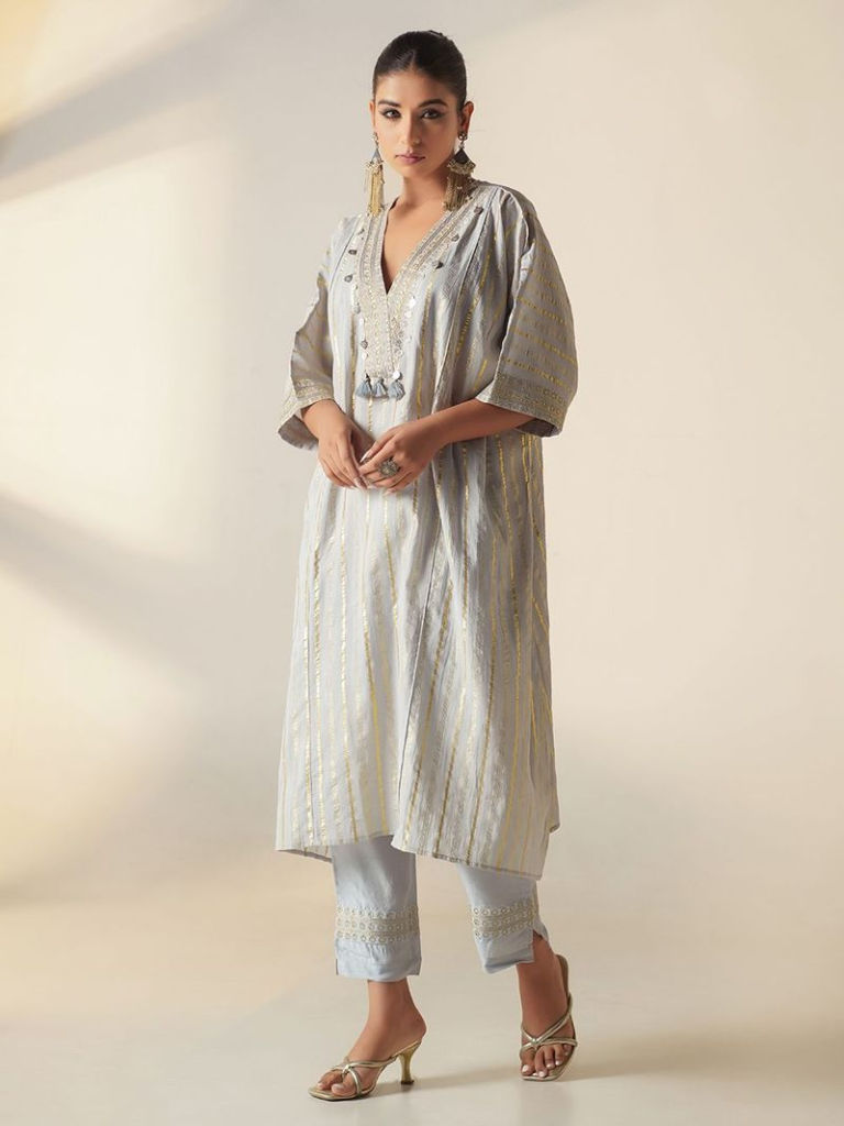 Grey Embroidered Cotton Lurex Kaftan with Pants