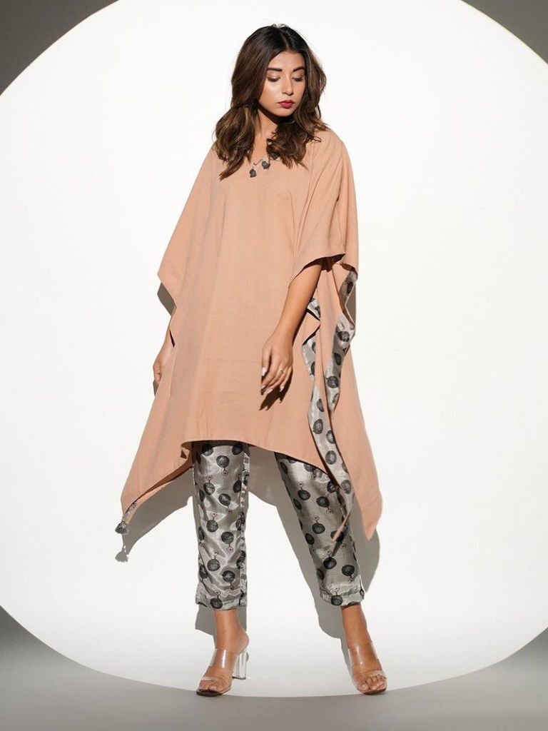 Pink Grey Crepe Kaftan with Muslin Printed Pants