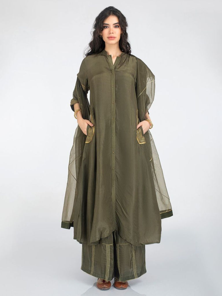 Bottle Green Gota Work Upada Silk Suit