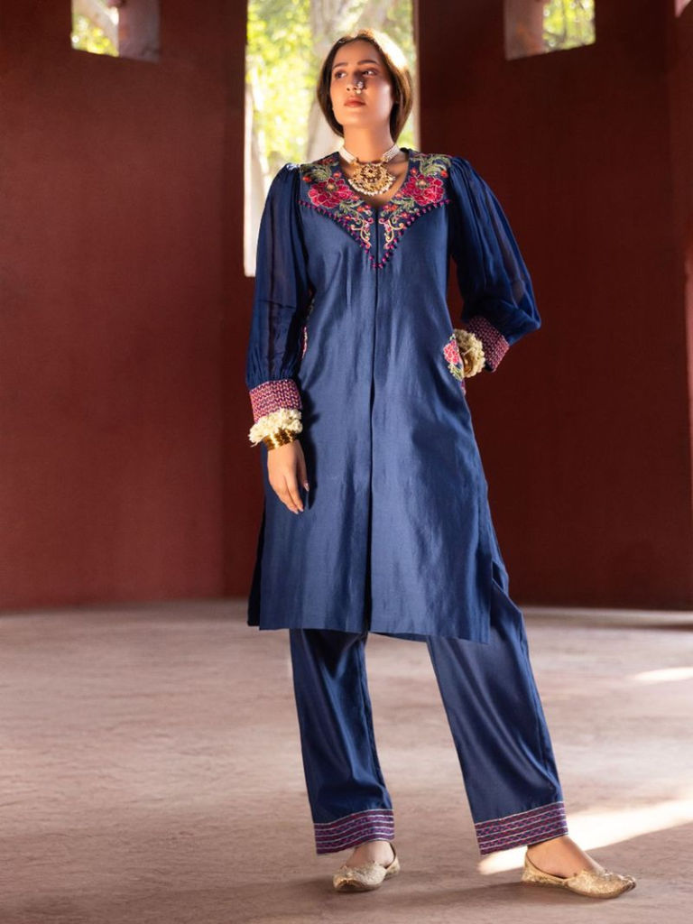 Blue Hand Embroidered Chanderi Kurta with Pants