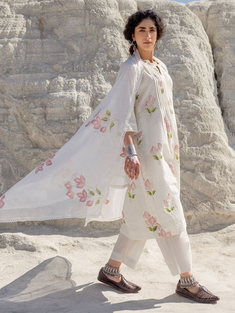 White Pink Hand Painted Cotton Suit