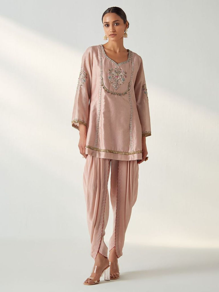 Light Pink Embroidered Chanderi Kurta with Dhoti Pants