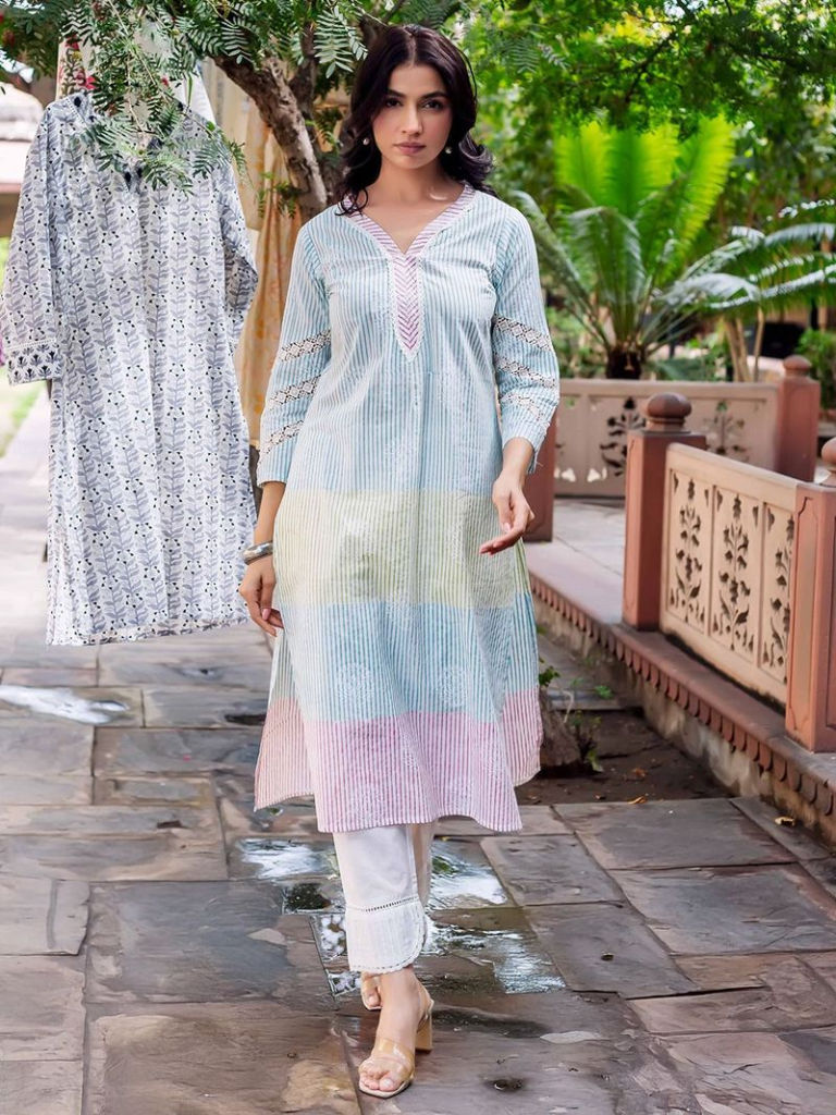 Multicolor Striped Cotton Kurta with Pants