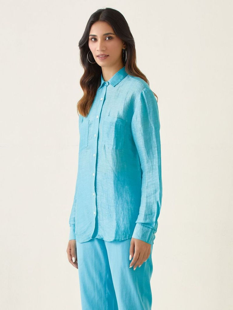 Blue Handwoven Linen Silk Shirt