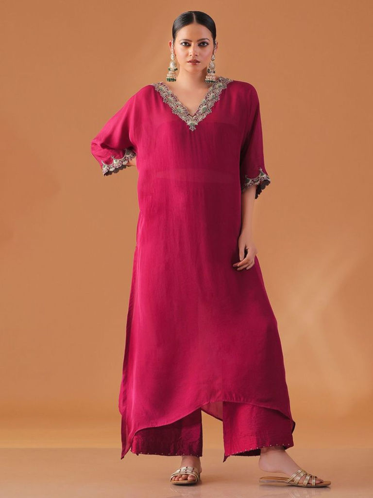 Maroon Hand Embroidered Organza Kurta with Bustier and Pants