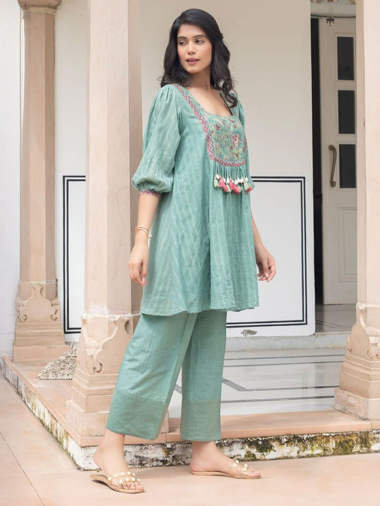 Green Hand Block Printed Cotton Lurex Co-ord Set