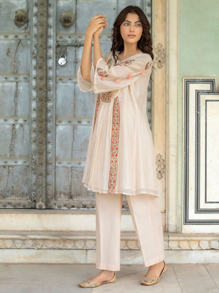 Beige Hand Block Printed Chanderi Kurta with Pants