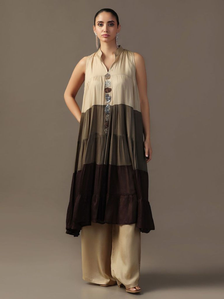 Ivory Brown Hand Embroidered Georgette Kurta with Pants