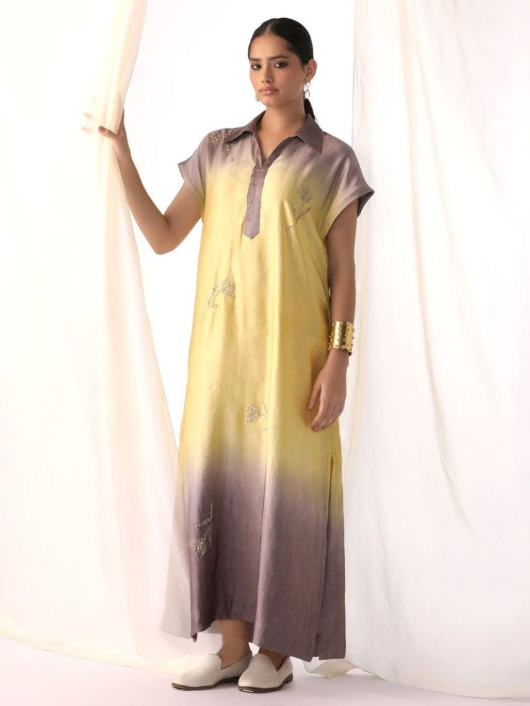 Yellow Purple Ombre Dyed Linen Satin Hand Embroidered Dress