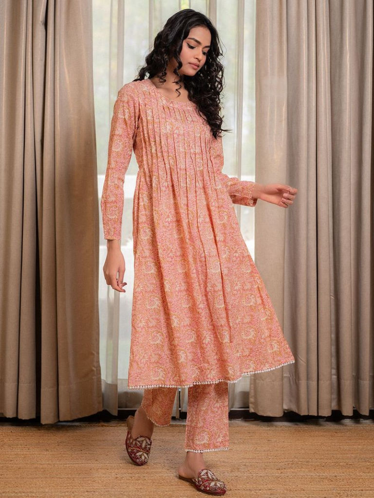 Light Pink Printed Cotton Kurta with Pants