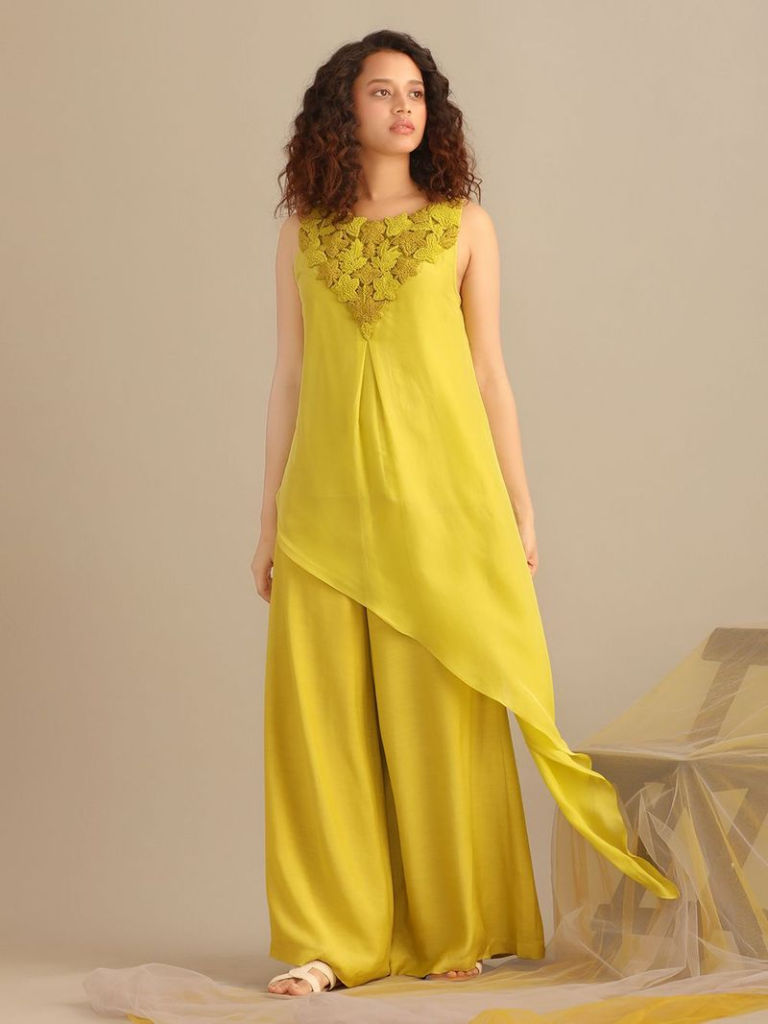 Lime Yellow Thread Embroidered Cotton Silk Kurta with Palazzo