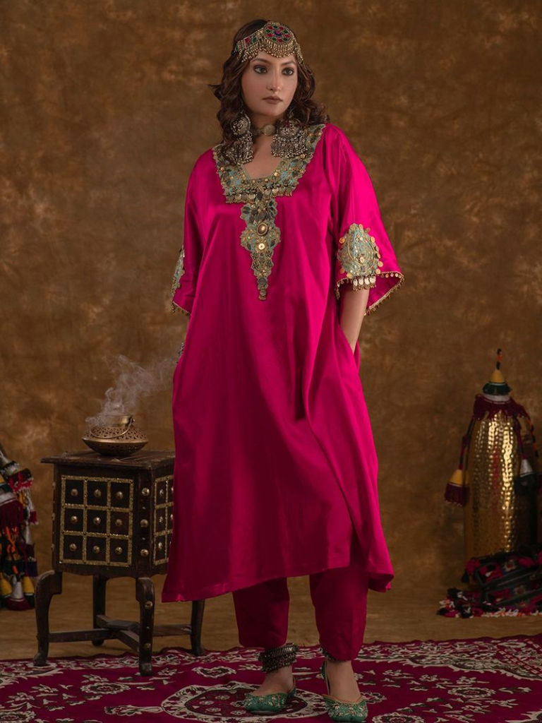 Pink Hand Embroidered Mashru Silk Kurta with Salwar