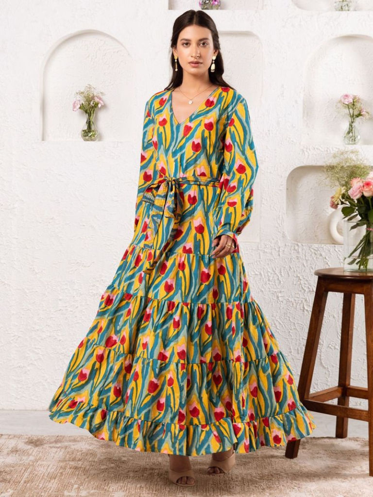 Green Yellow Hand Block Printed Cotton Dress with Belt