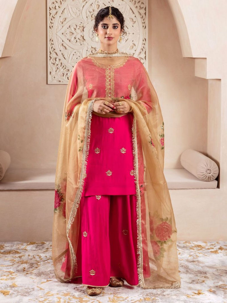 Pink Hand Embroiderd Muslin Silk Sharara Suit