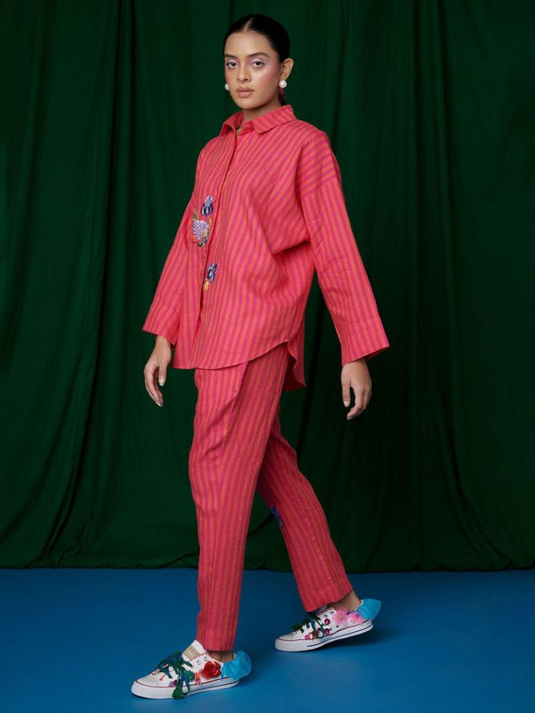 Coral Embroidered Linen Oversized Shirt