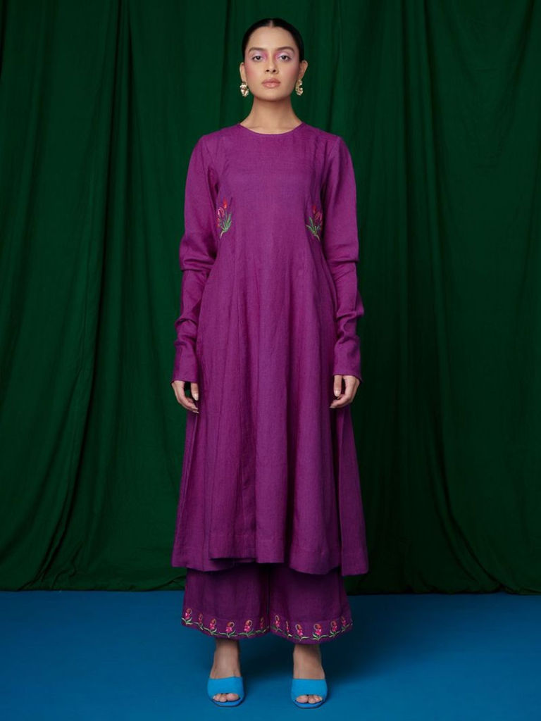 Purple Embroidered Linen Kurta with Pants