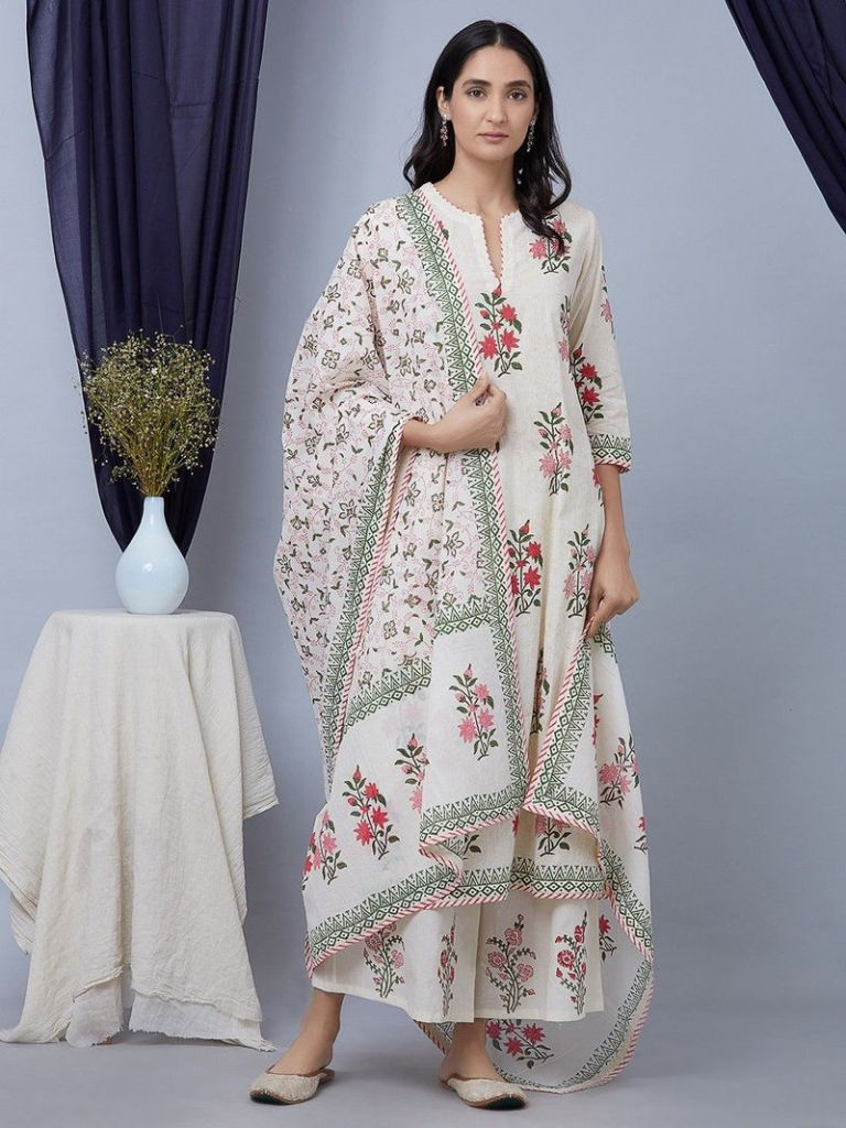 Pink White Hand Block Printed Cotton Suit