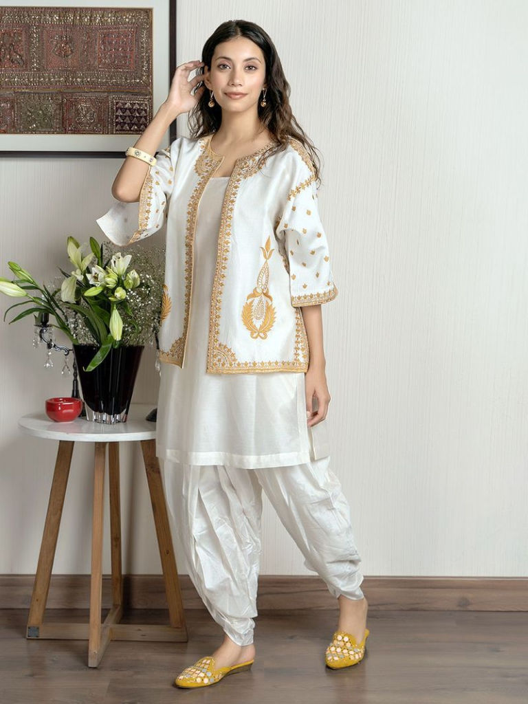 Ivory Chanderi Kurta with Embroidered Jacket and Dhoti Pants