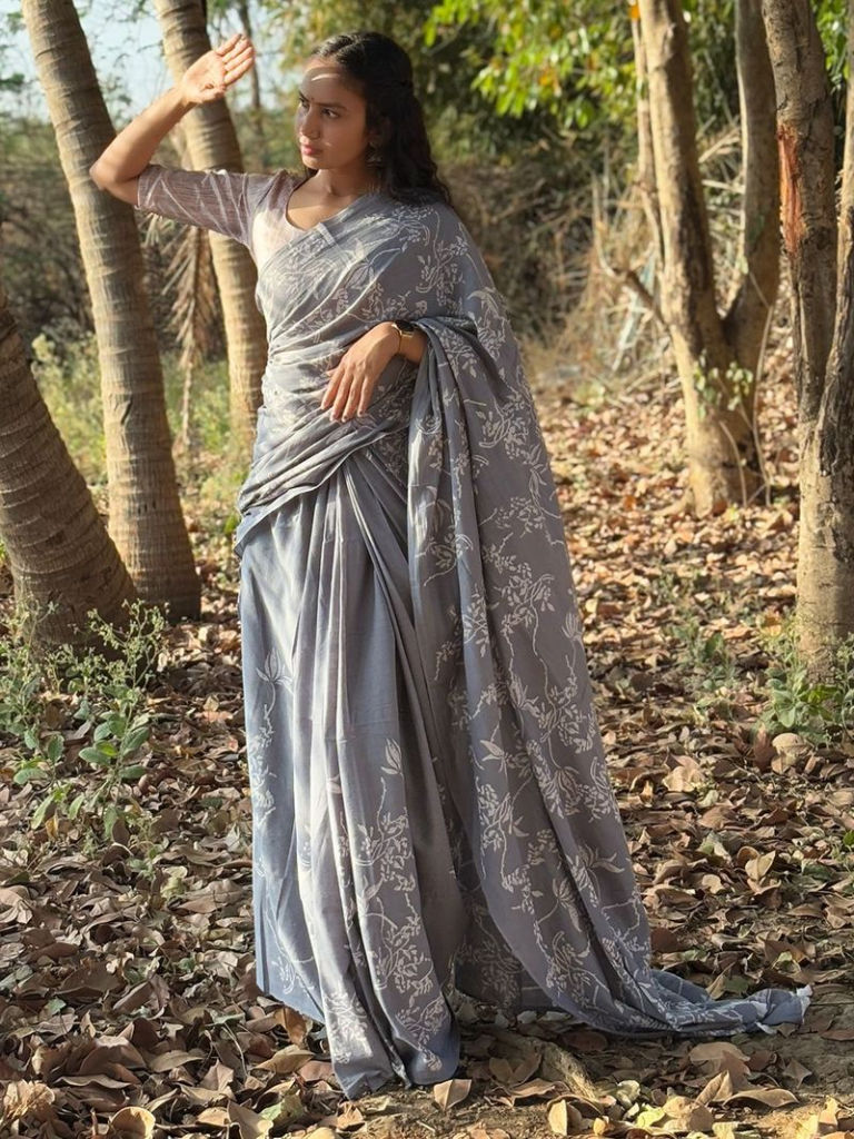 Grey Hand Block Printed Cotton Saree