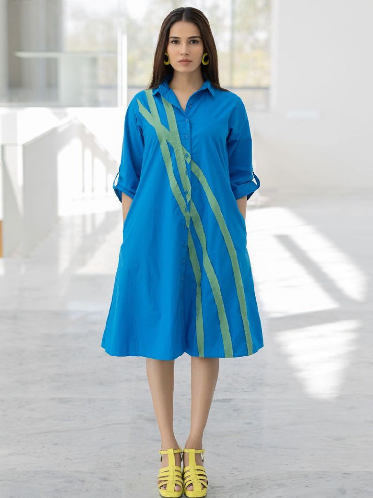 Blue Patch Work Poplin Dress
