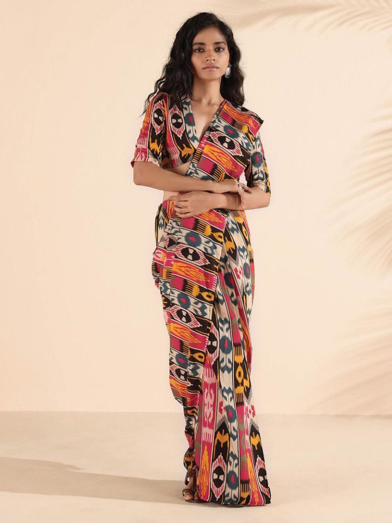 Multicolor Ikat Printed Muslin Silk Ready to Wear Saree