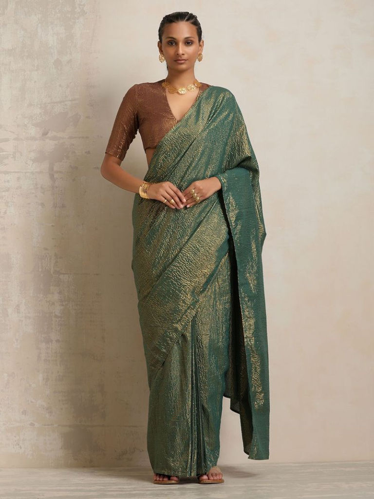 Green Cotton Lurex Ready To Wear Saree