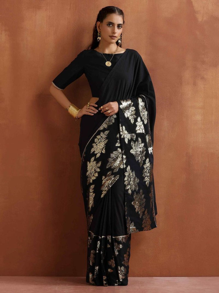 Black Weaved Cotton Blend Ready to Wear Saree