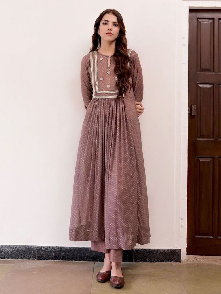 Brown Embroidered Chiffon Printed Kurta with Slip and Pants
