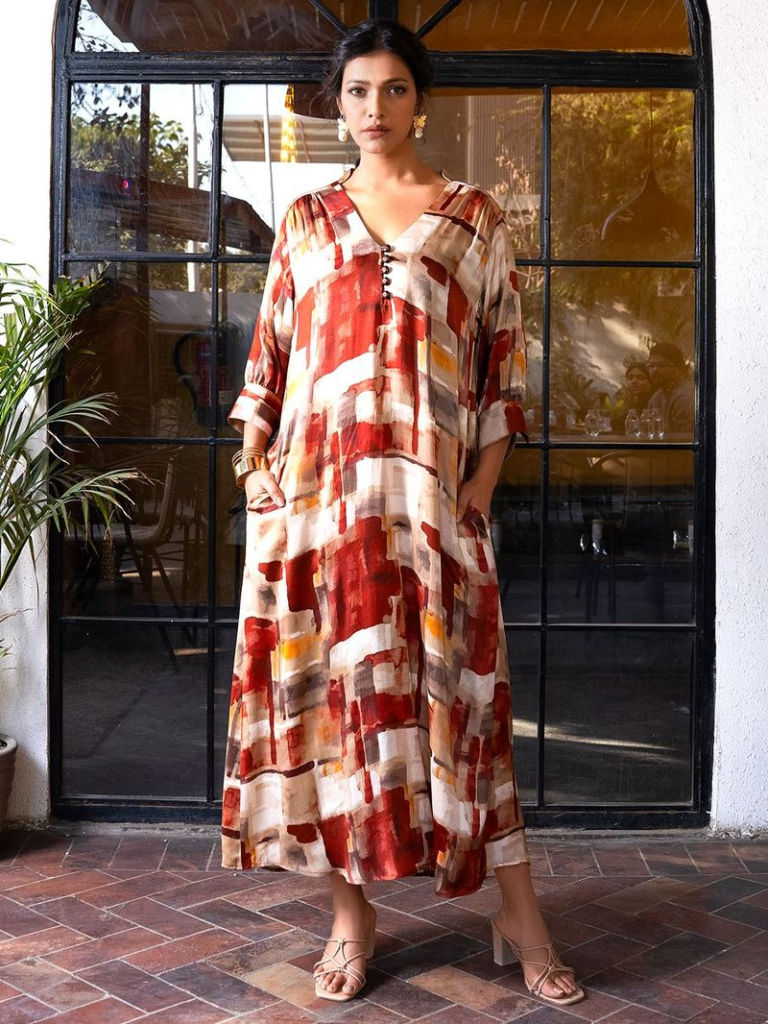 Maroon Printed Bemberg Satin Dress