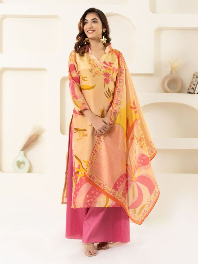Beige Printed Tissue Suit
