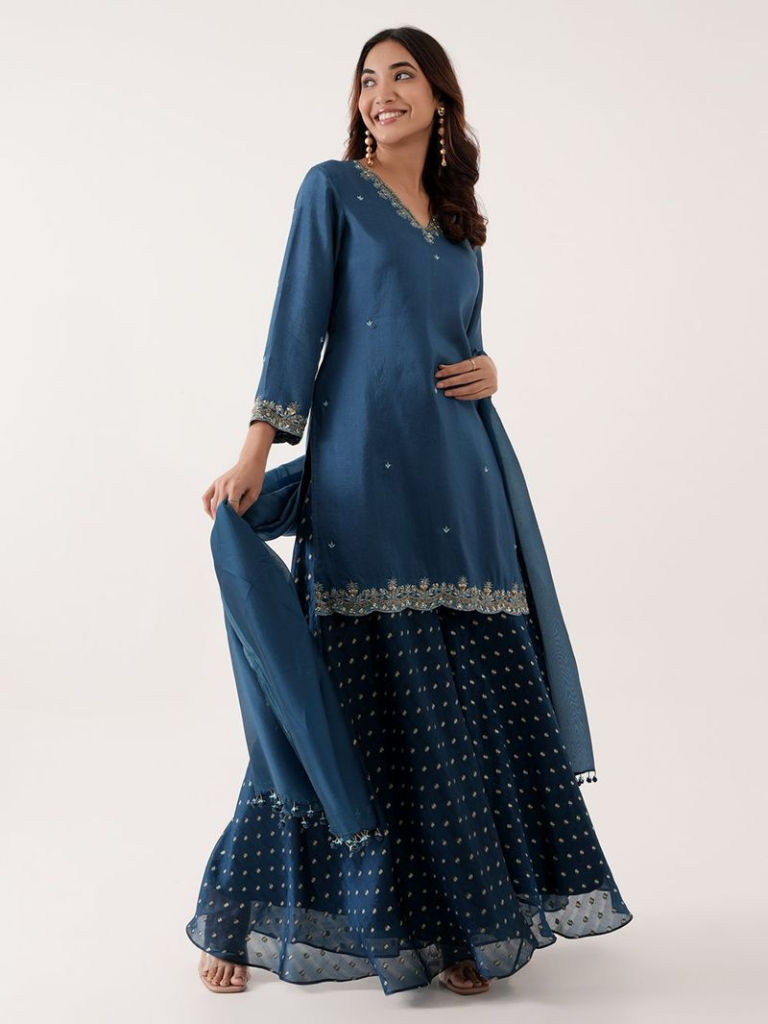 Blue Zardozi Hand Embroidered Chanderi Suit