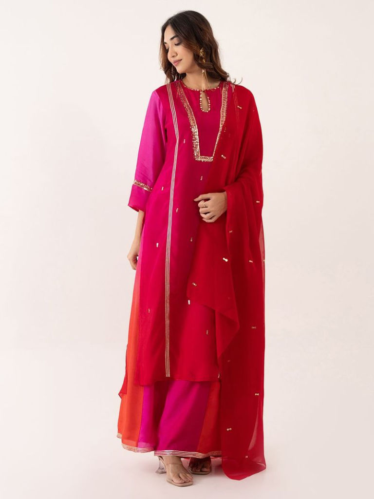 Pink Red Ombre Organza Silk Suit
