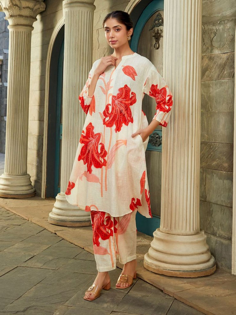 Ivory Printed Cotton Slub Kurta with Pants