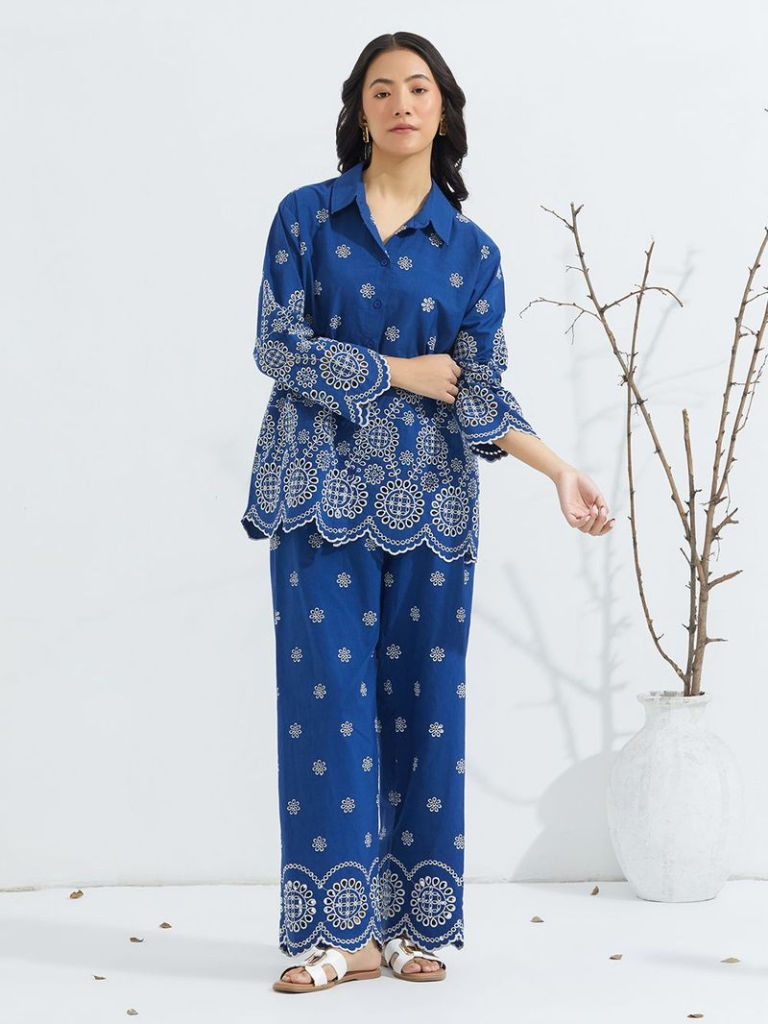 Blue Schiffli Embroidered Poplin Co-ord Set