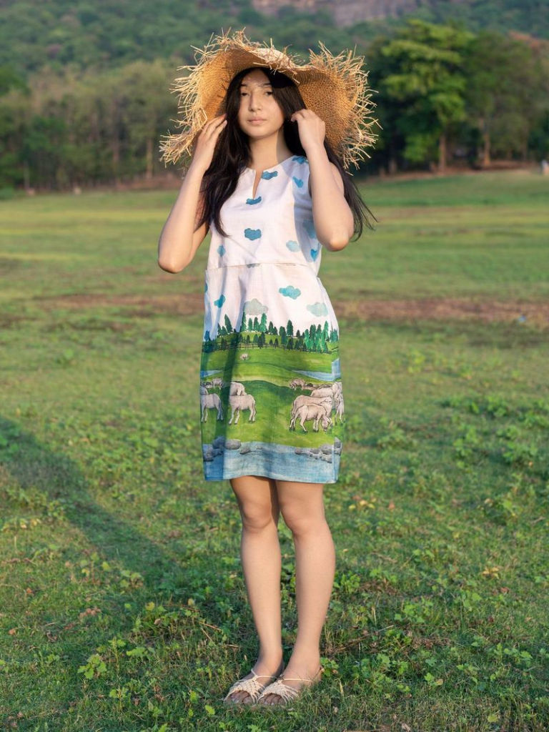 White Blue Printed Cotton Dress