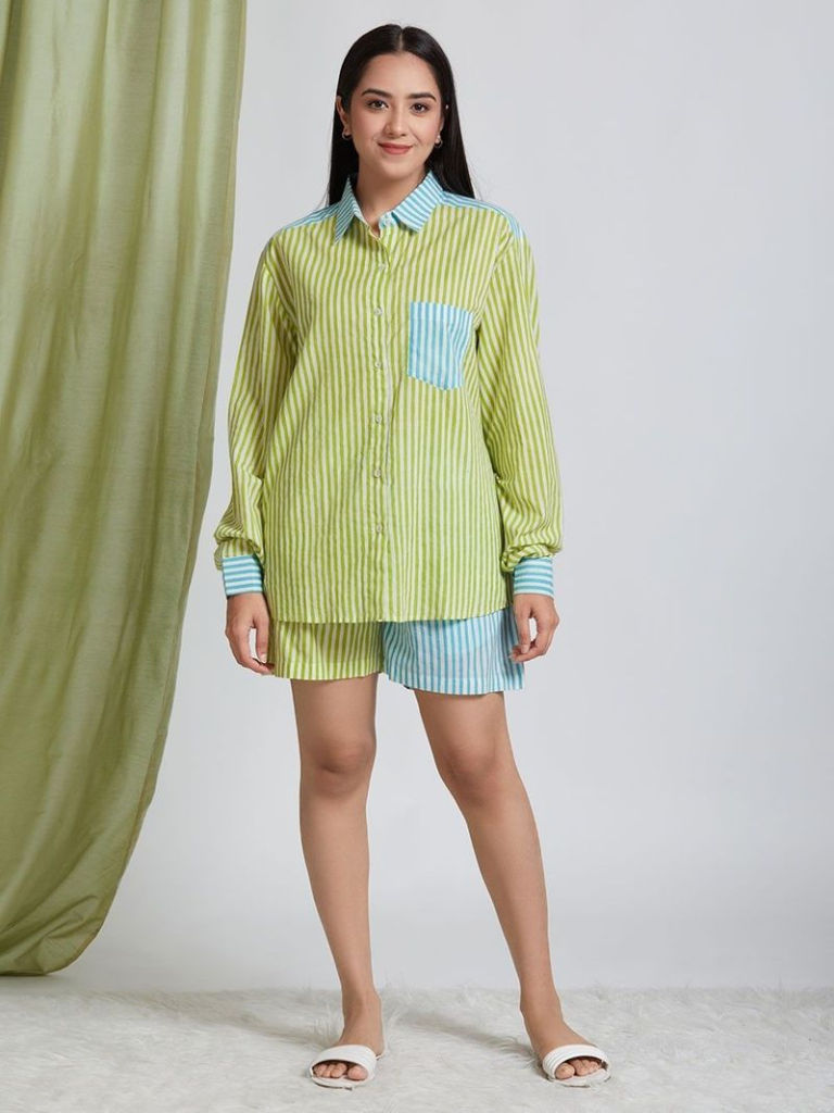 Blue Green Hand Block Printed Cotton Play Co-ord Set