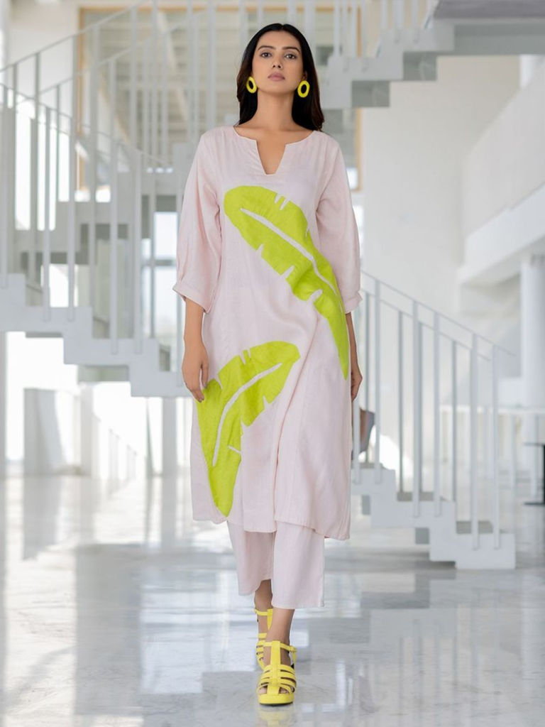 Pink Patch Work Viscose Linen Blend Kurta