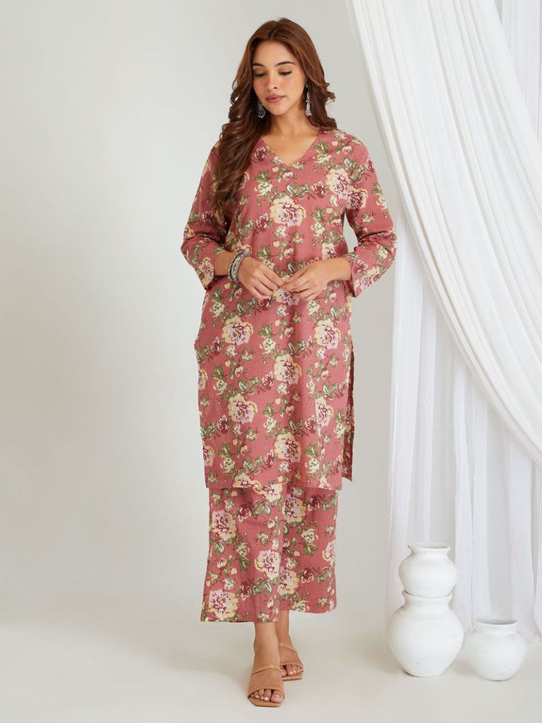 Coral Printed Cotton Kurta with Pants