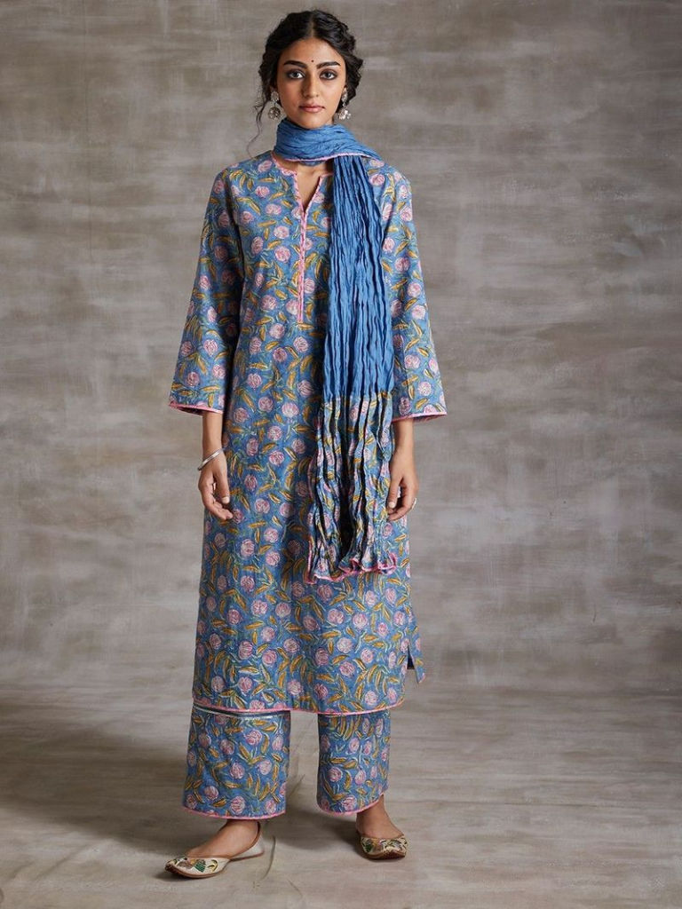 Blue Pink Hand Block Printed Cotton Suit with Crushed Mulmul Dupatta