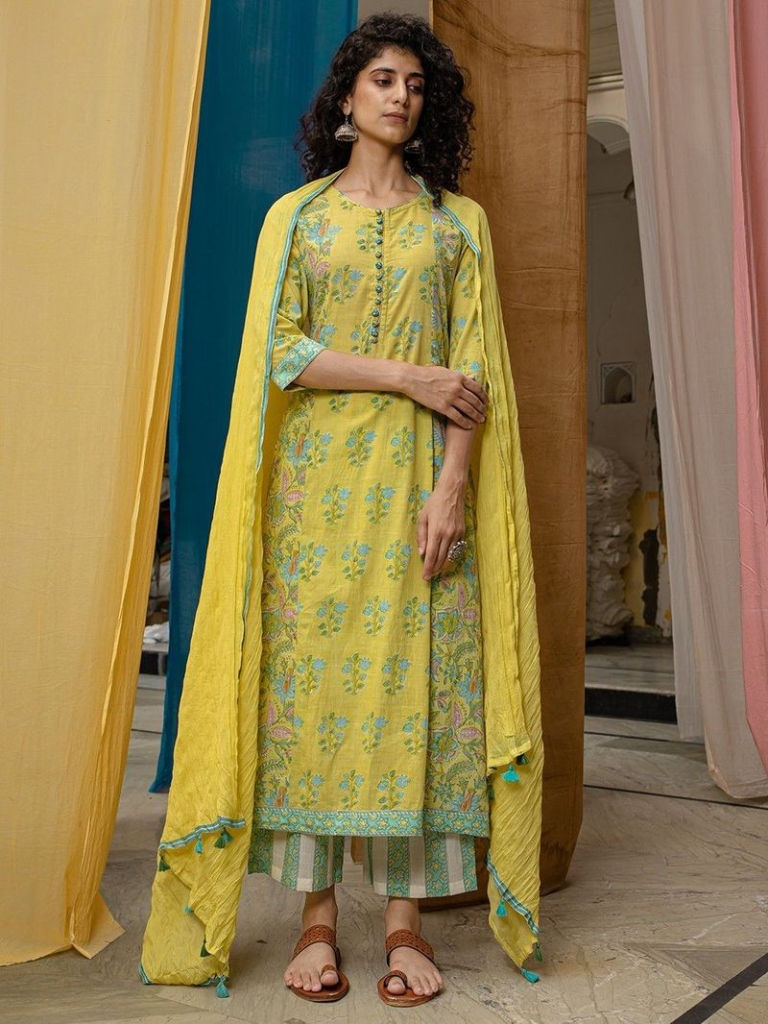 Lemon Yellow Hand Block Printed Cambric Cotton Suit with Green Palazzo and Mulmul Dupatta
