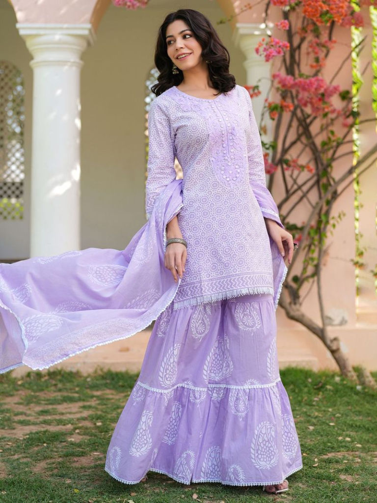Lavender Printed Cotton Cambric Sharara Suit