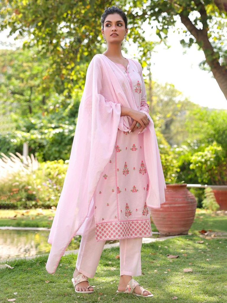 Light Pink Embroidered Cotton Mulmul Suit