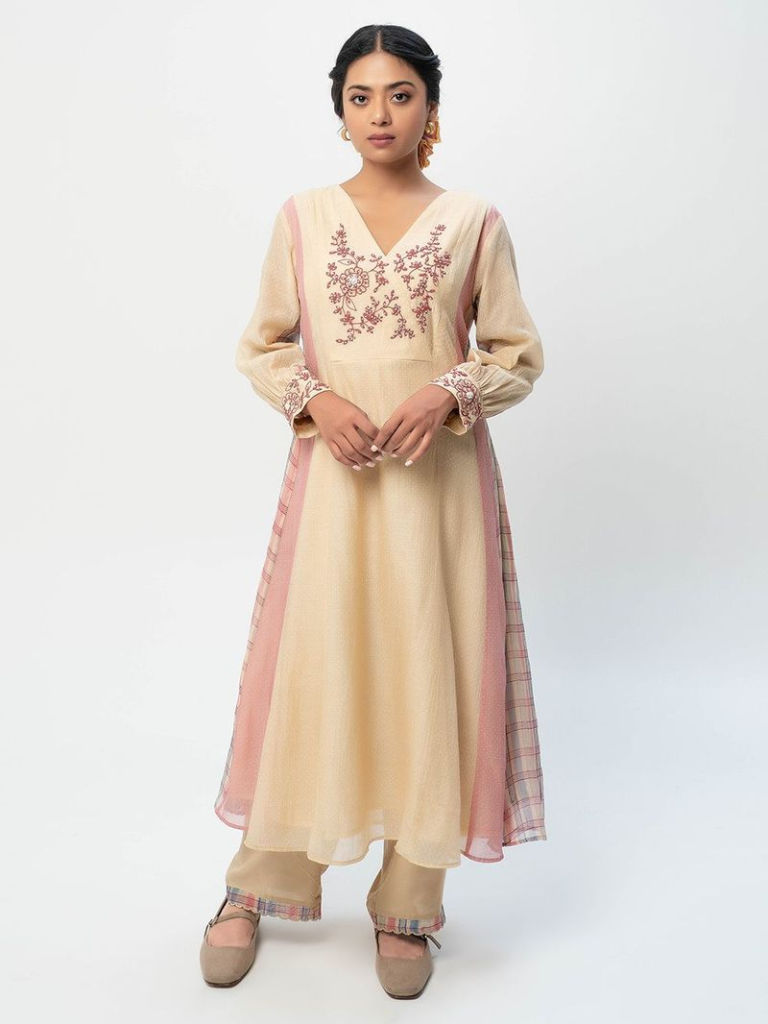 Cream Hand Block Printed Chanderi Embroidered Kurta