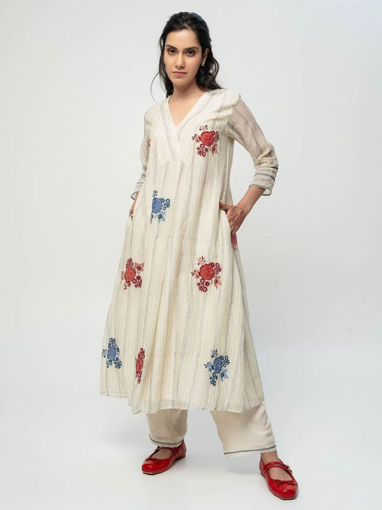 Off White Hand Block Printed Chanderi Embroidered Kurta