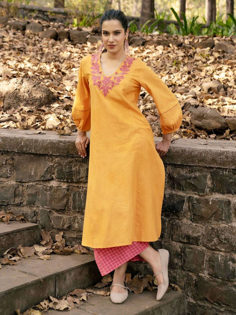 Mustard Yellow Embroidered Handwoven Cotton Kurta