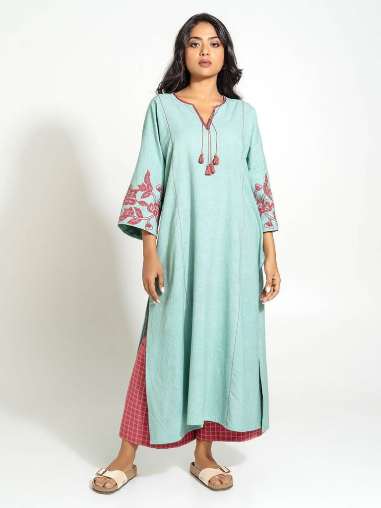 Aqua Blue Embroidered Handwoven Cotton Kurta