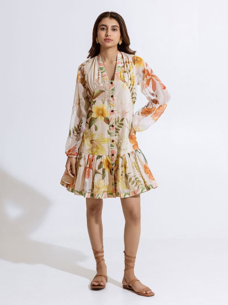 Beige Printed Chiffon Dress