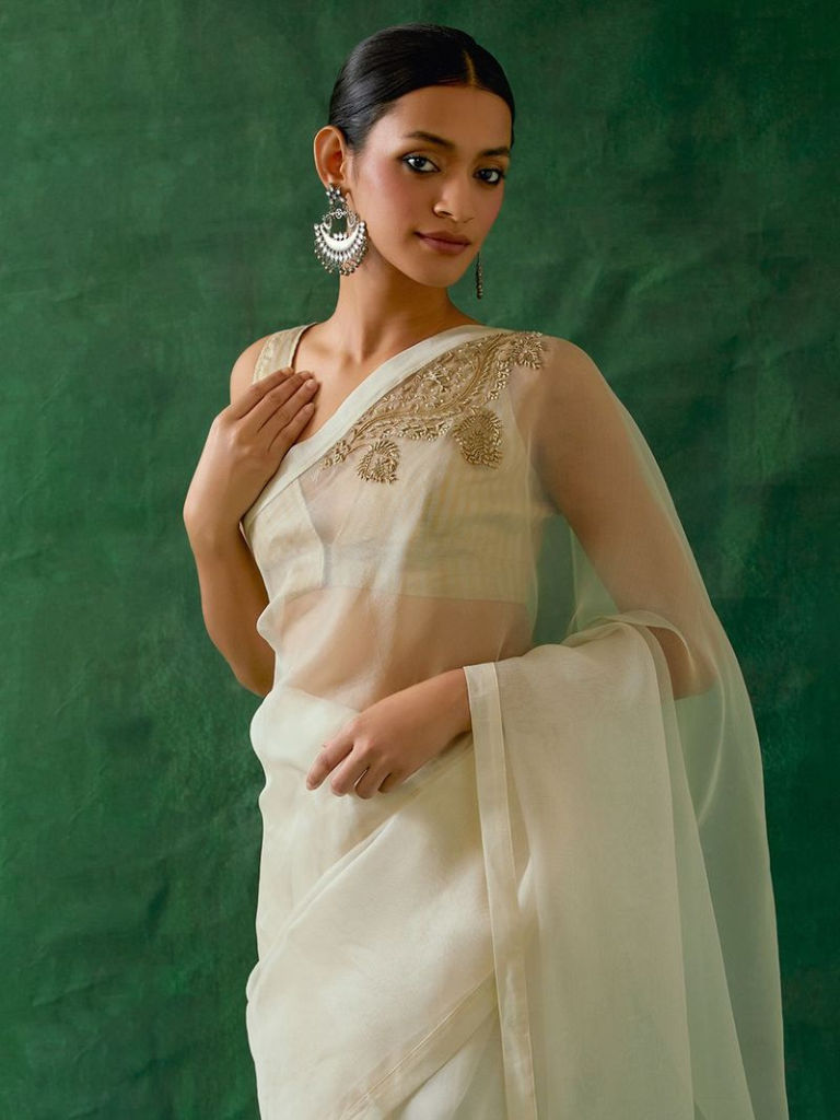 Off White Zardozi Handwoven Katan Silk Saree with Blouse