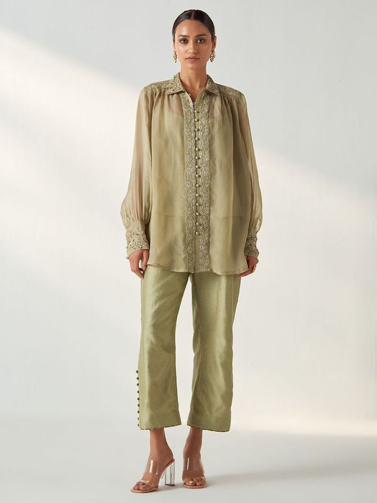 Light Green Hand Embroidered Organza Co-ord Set